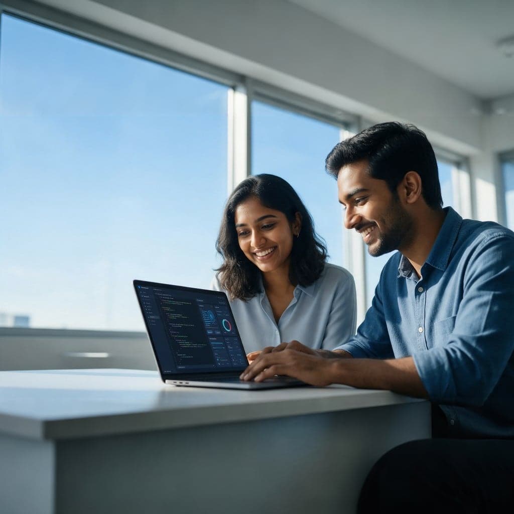 Two developers reviewing an AI application on a laptop in a bright office